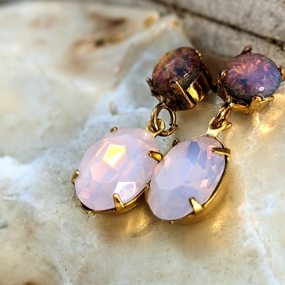 Pink Fire Opal And Swarovski Rosewater In Drop Down Earrings In Gold Plated - Picture 4 of 5